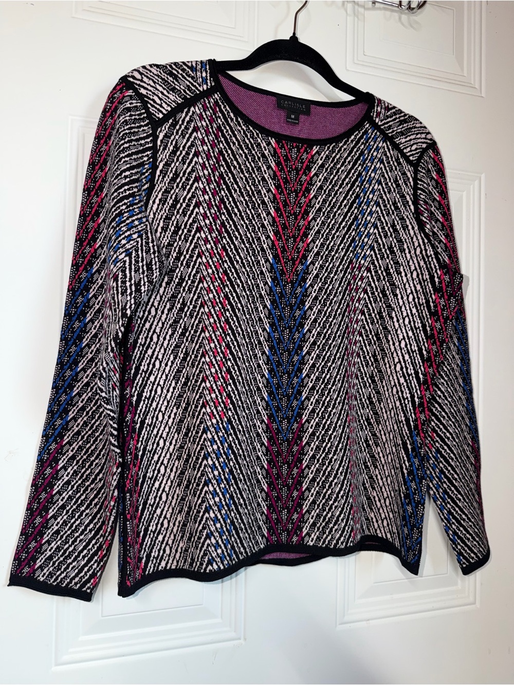 Carlisle Black Crewneck Sweater with Pink & Blue Chevron Stripes